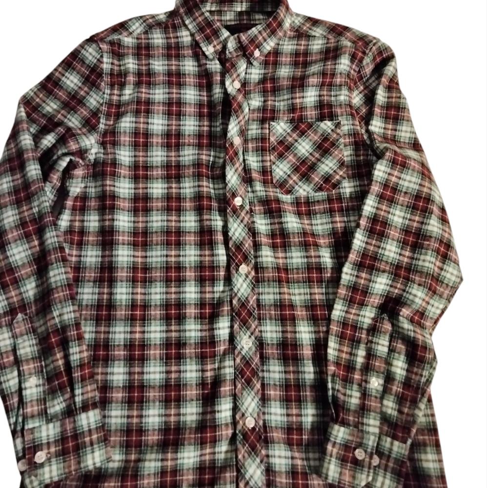 RQQBA Mens Green Red Plaid Long Sleeve Button Down Shirt  Sz M Outdoor Workwear